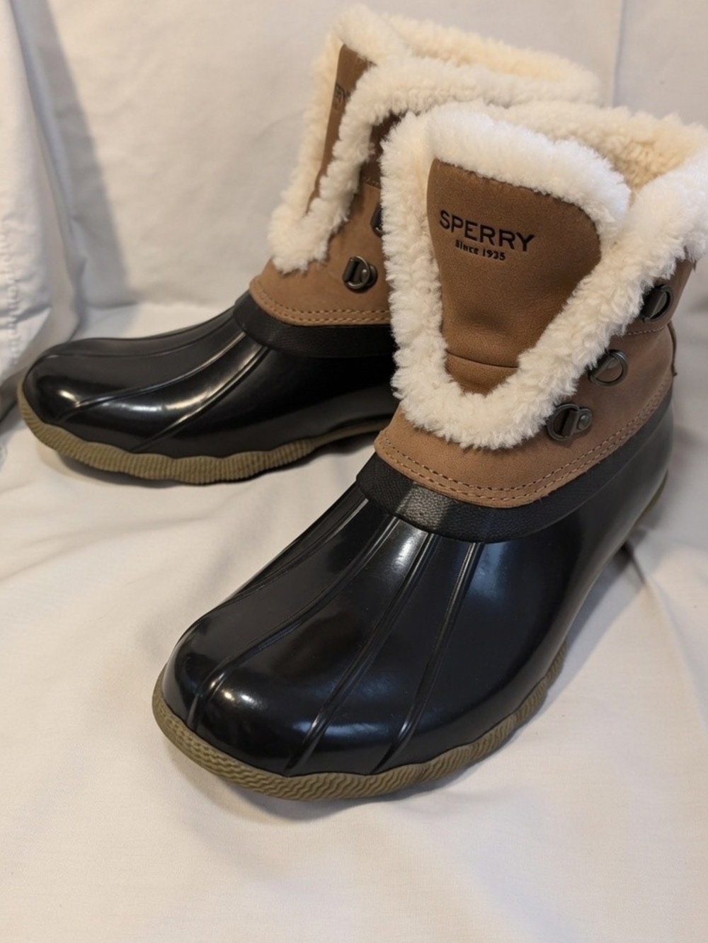 Sperry Sherpa-Lined Duck Boots in Black and Brown